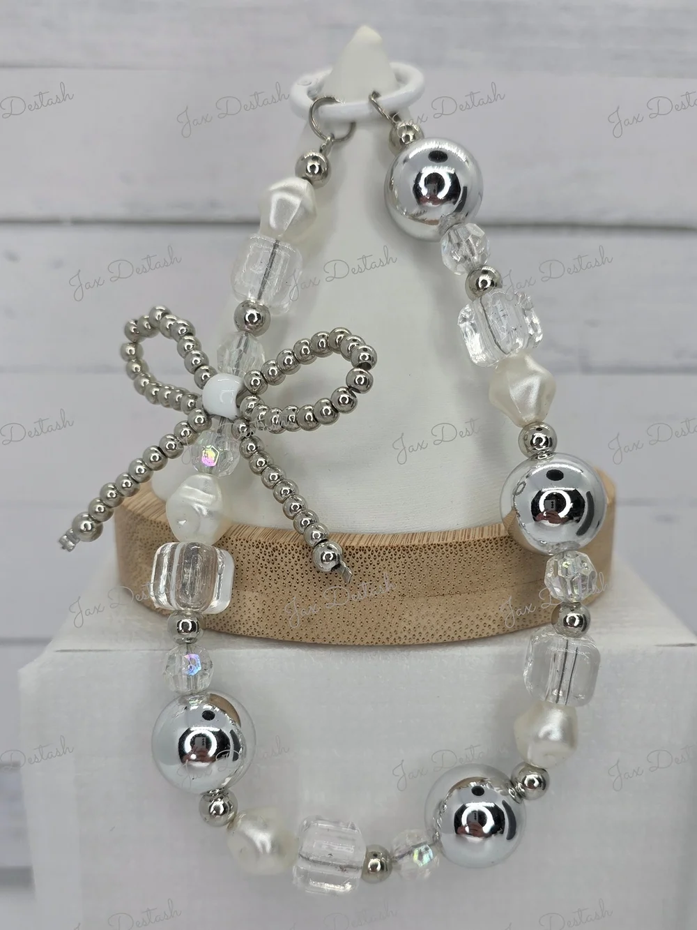 Silver and Clear Beaded Bow Phone/Key Lanyard CH4383